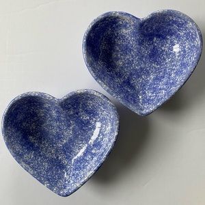 Sponge ware Heart Shaped Bowls Set Of 2 Signed blue white EUC pottery hand made